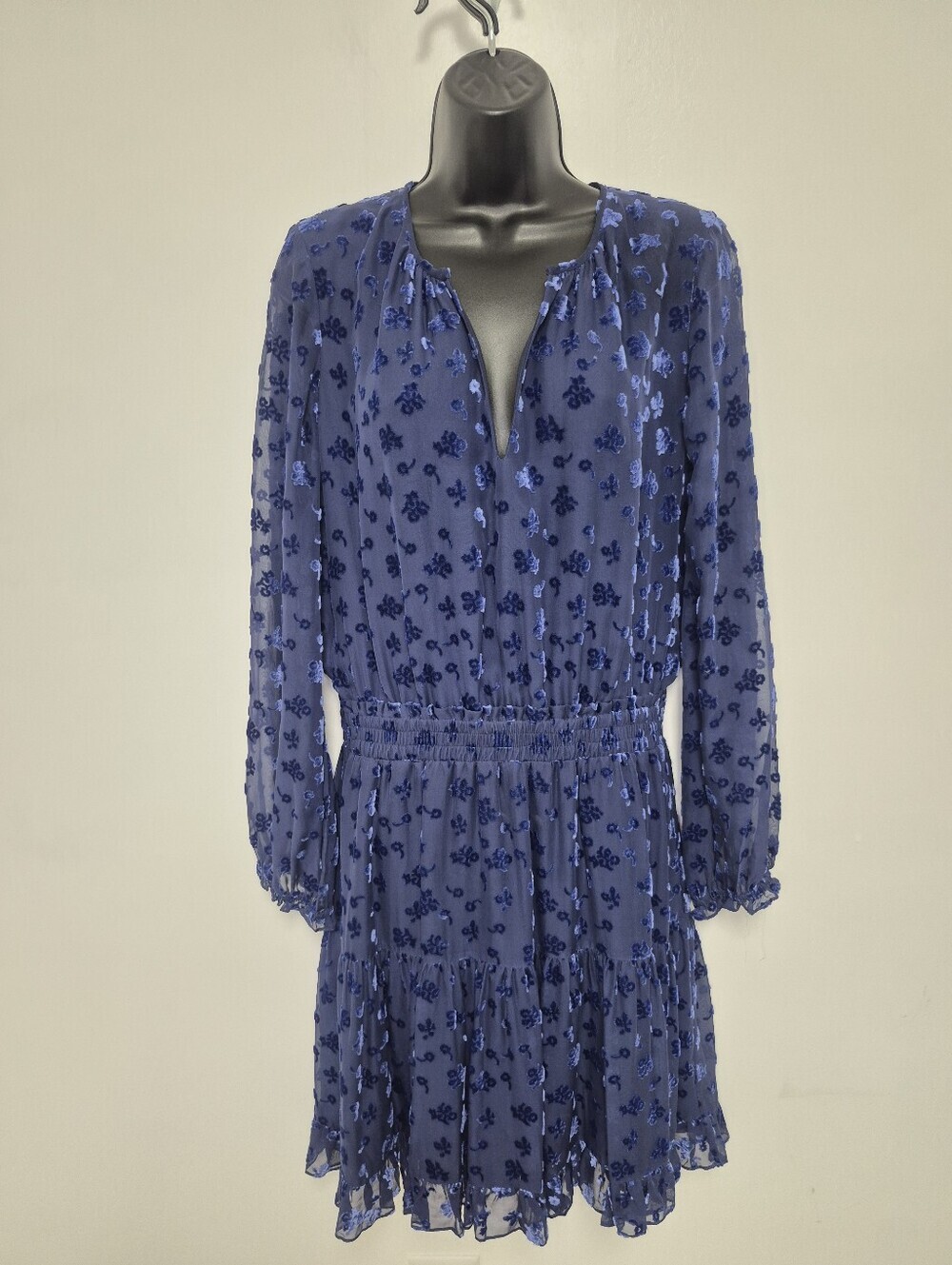 Shoshanna Levon Burnout Velvet Blue Sheer Sleeve Tiered Dress sz 8